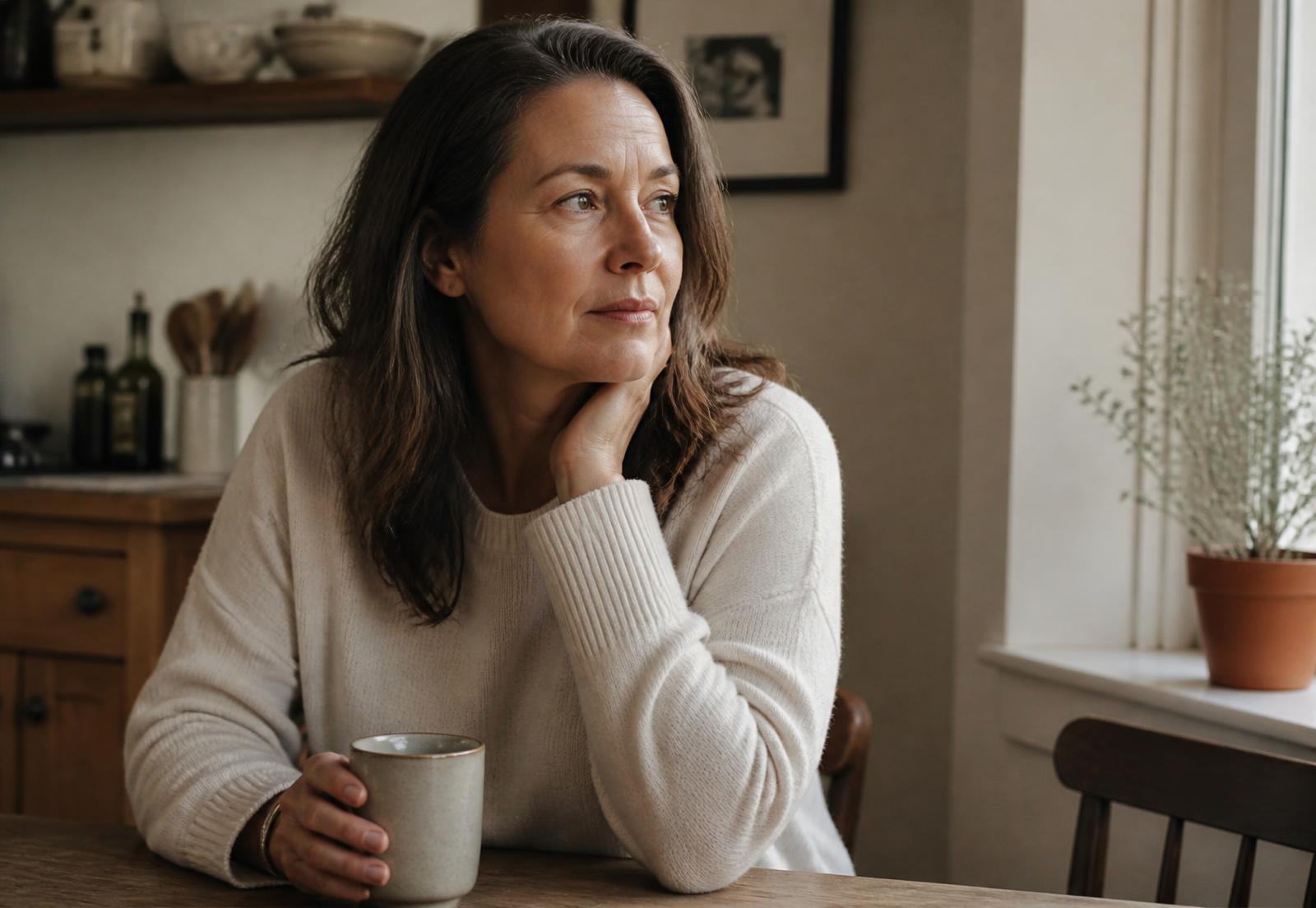 A woman sitting alone at her kitchen table with a mug of coffee in morning light